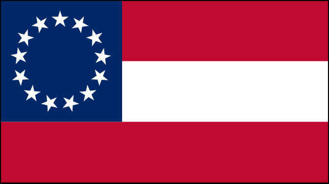 Rectangular flag featuring three horizontal stripes of equal size, red on top and bottom and white in the center, and a square blue field in the upper left third containing a circle of 13 white stars