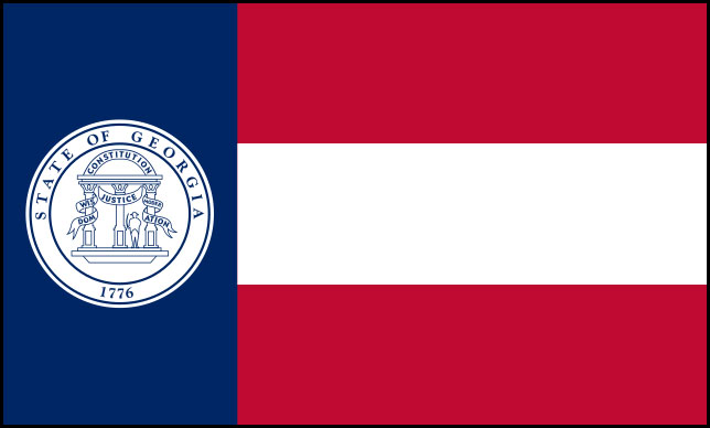Rectangular flag consisting of three horizontal stripes, red on top and bottom and white in the center, in the right two-thirds of the rectangle, and a blue field with the Georgia state seal on it in the left third