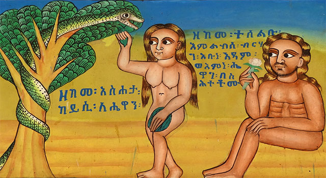 Mural of Eve picking fruit from a tree into which a snake is intertwined as Adam observes while holding a flower